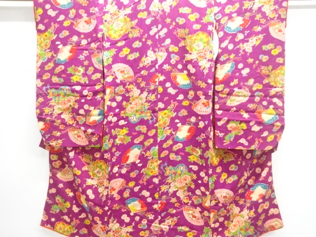 JAPANESE KIMONO / ANTIQUE KIMONO / SILK / MON KINSHA / FAN & FLORAL CART